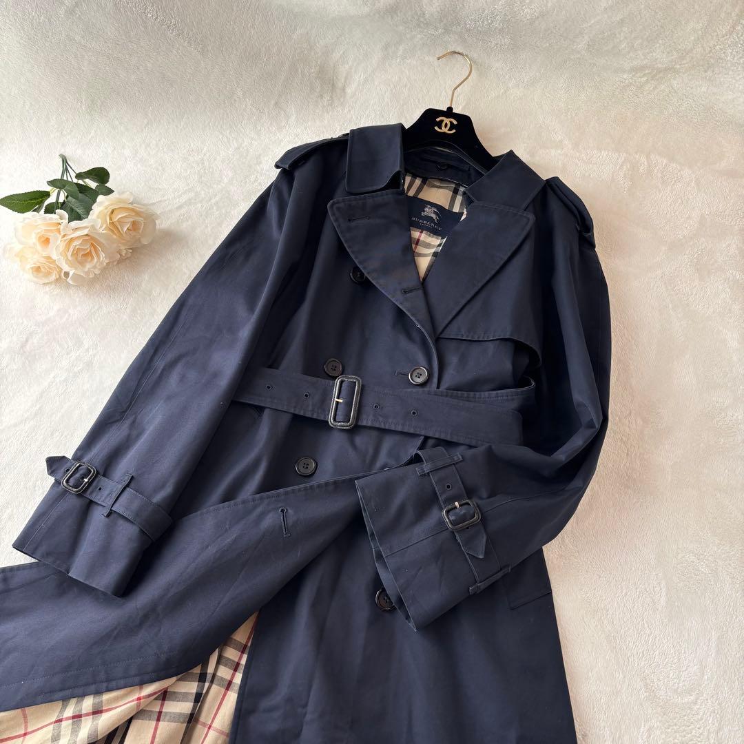 【美品】バーバリーロンドン　トレンチコート　ノバチェック　ネイビー　L相当