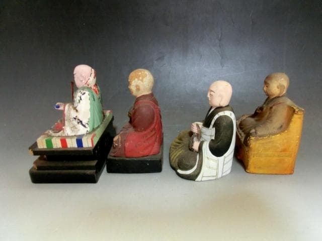 土人形■仏像 4体 空海 弘法大師 親鸞？坐像 御坊様 木彫り 土物 骨董品■