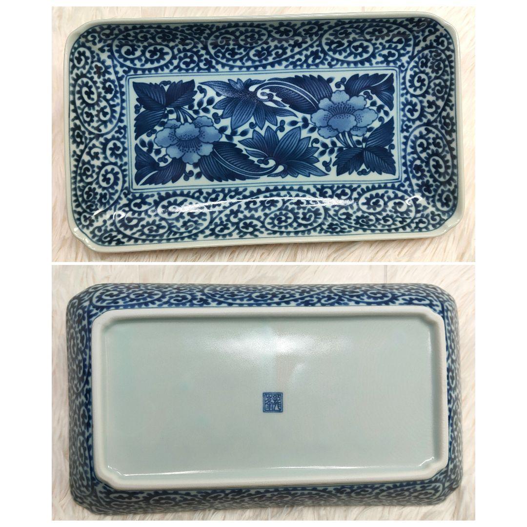 【新品未使用品】龍峰窯 染付古伊万里焼物皿 蛸唐草 牡丹　角皿5枚セット