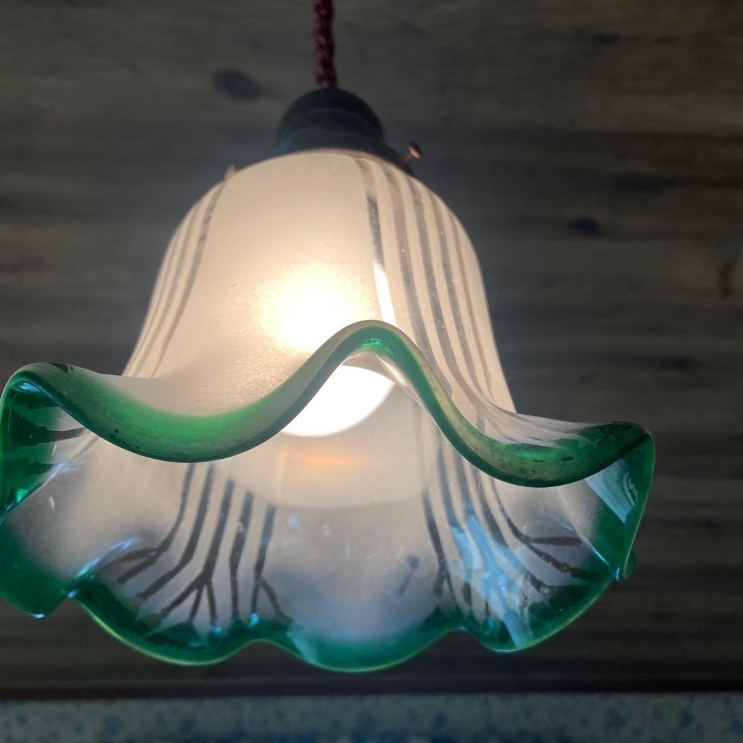 アンティーク　電笠　ガラスシェード　フリル　大正浪漫　照明　レトログリーン