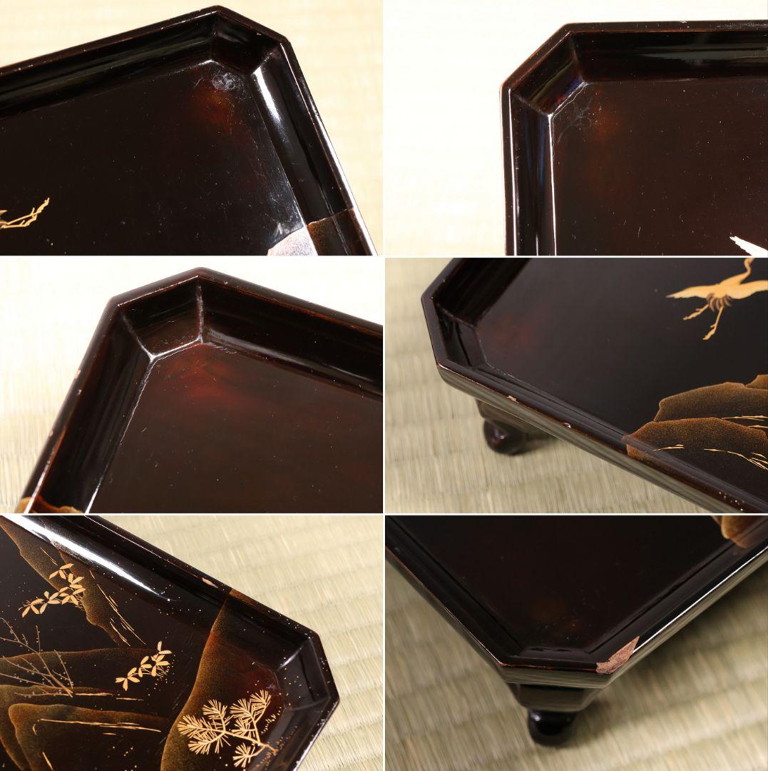 漆芸 山水松竹梅 蝋色塗硯蓋形座附膳 十客 金蒔絵 四方膳 蓬莱鶴亀【CM390