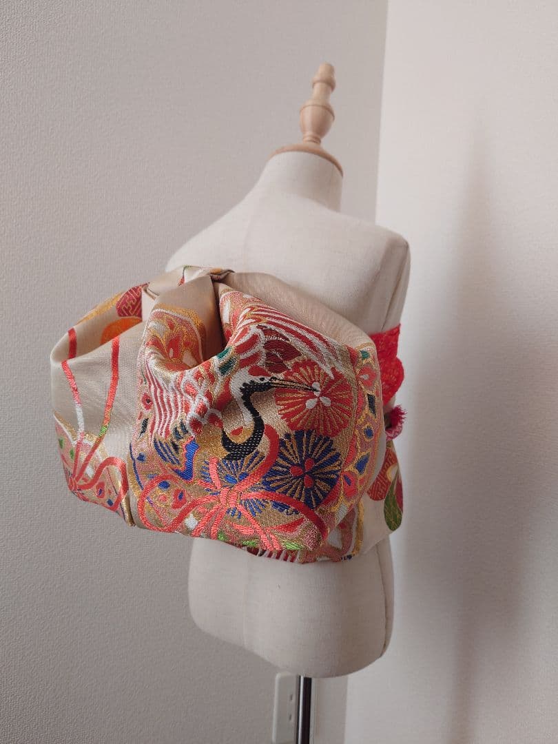 正絹袋帯からの作り帯　文庫結び　アンティーク　七五三　ジュニア帯　鶴　一点物