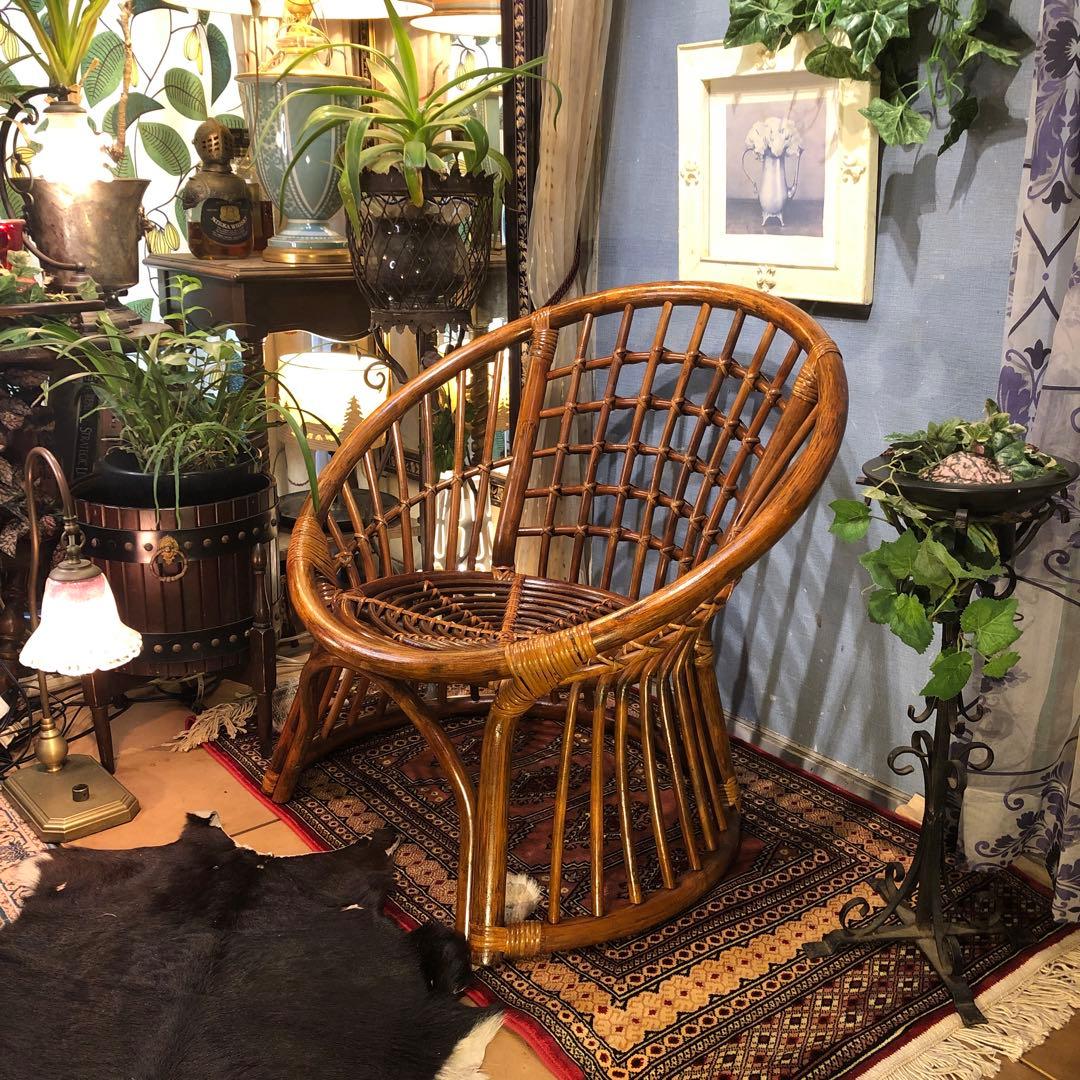 古家具ビンテージ　籐ラタン　シングルチェア 椅子 ラタンチェア
