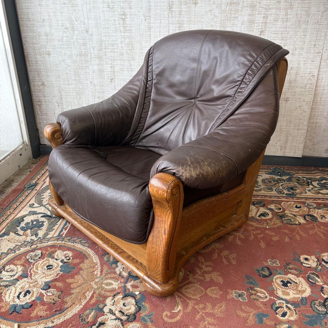 北欧レトロ オランダアンティーク オーク材 無垢材 レザーソファー アームチェア