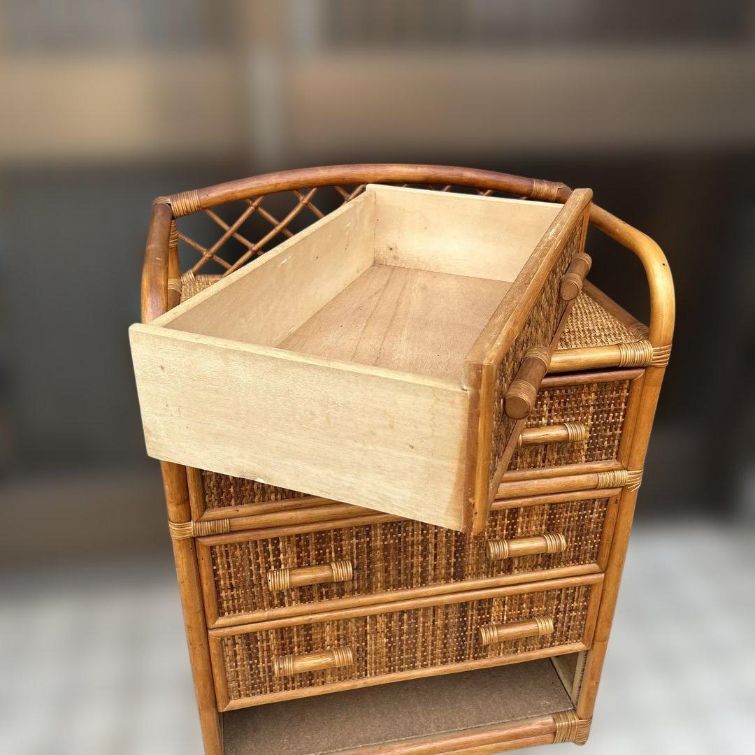 【昭和レトロ】ラタン４段チェスト　木製ラック箪笥　電話台