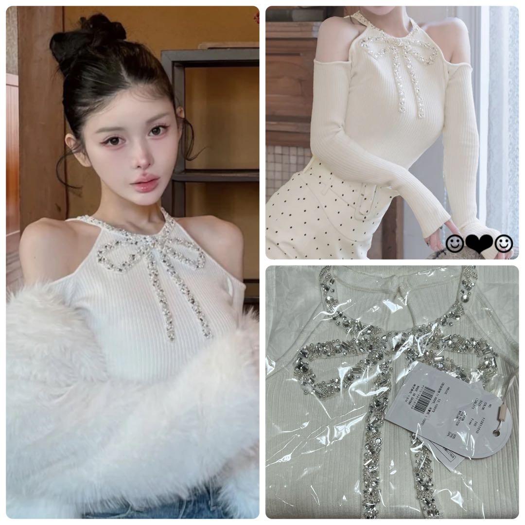 Darich♡リボンビジューアメスリニットトップス♡アイボリー