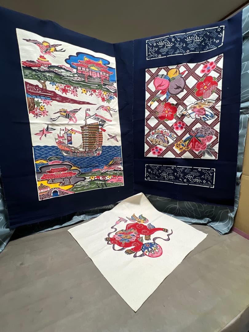 琉球紅型 琉球びんがた 首里城に進貢船他 3点セットで