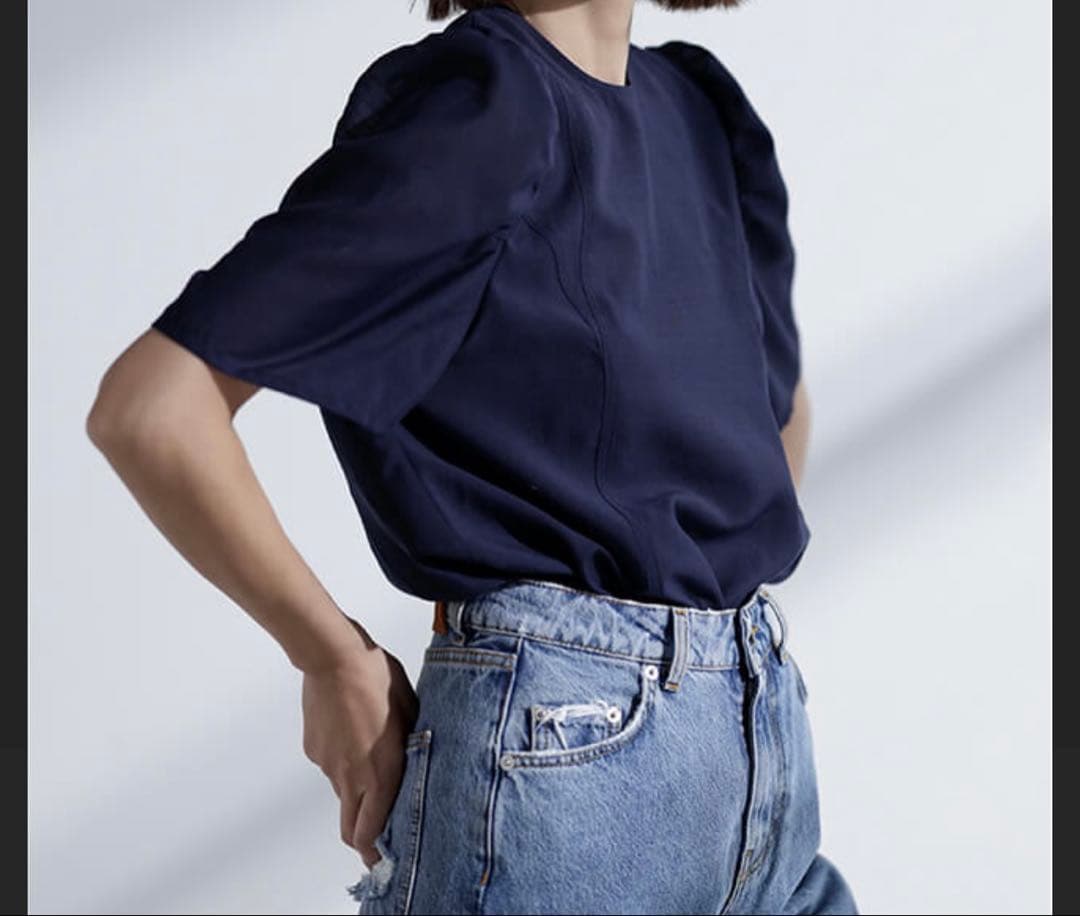 【極美品】FORME ネイビー 半袖 パフスリーブ ブラウス