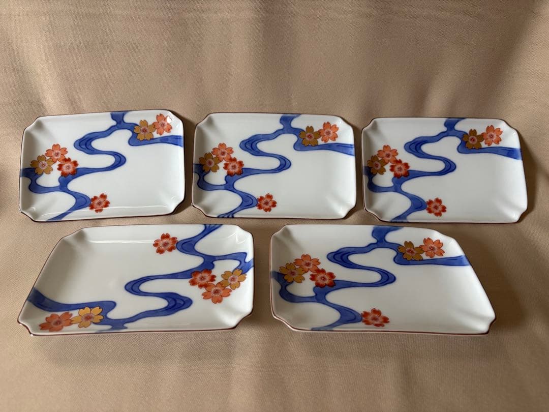 深川製磁　『川に桜』　角皿　5枚セット