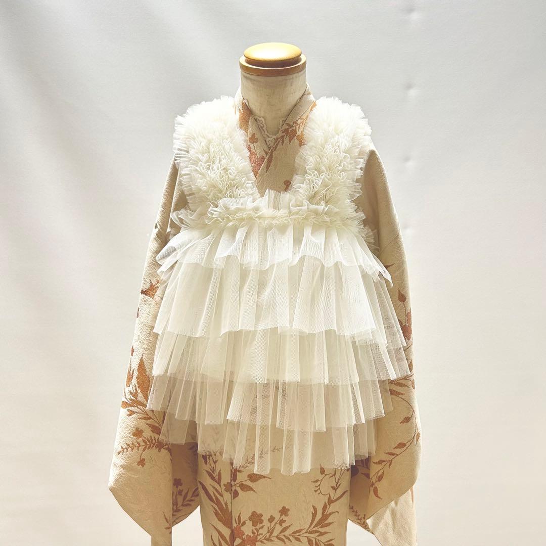 2点おまとめ【アイボリーフリル】チュール被布　被布ドレス　七五三 被布エプロン