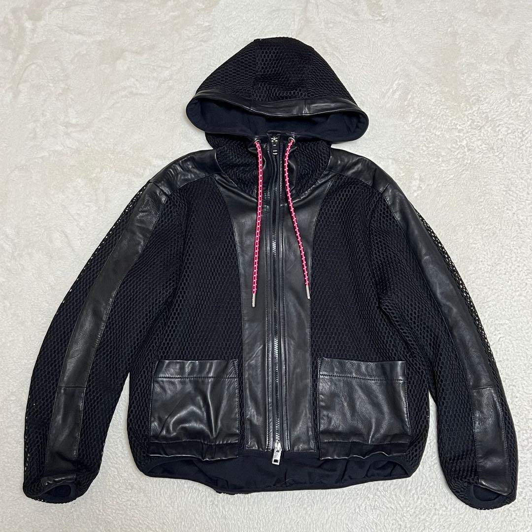 【美品】ディーゼル　レザーメッシュフーディージャケット　羊革　黒　S　レディース