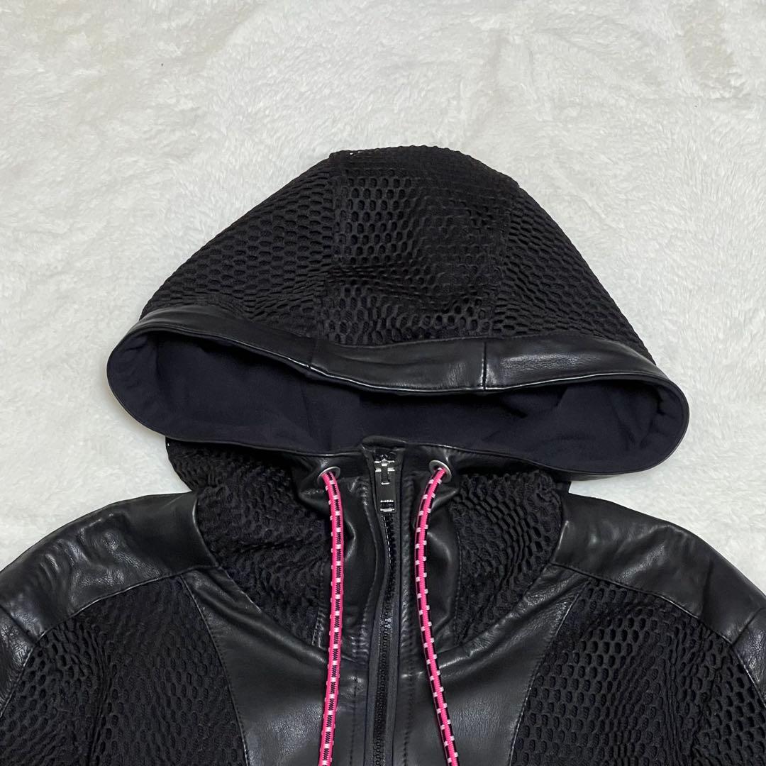 【美品】ディーゼル　レザーメッシュフーディージャケット　羊革　黒　S　レディース