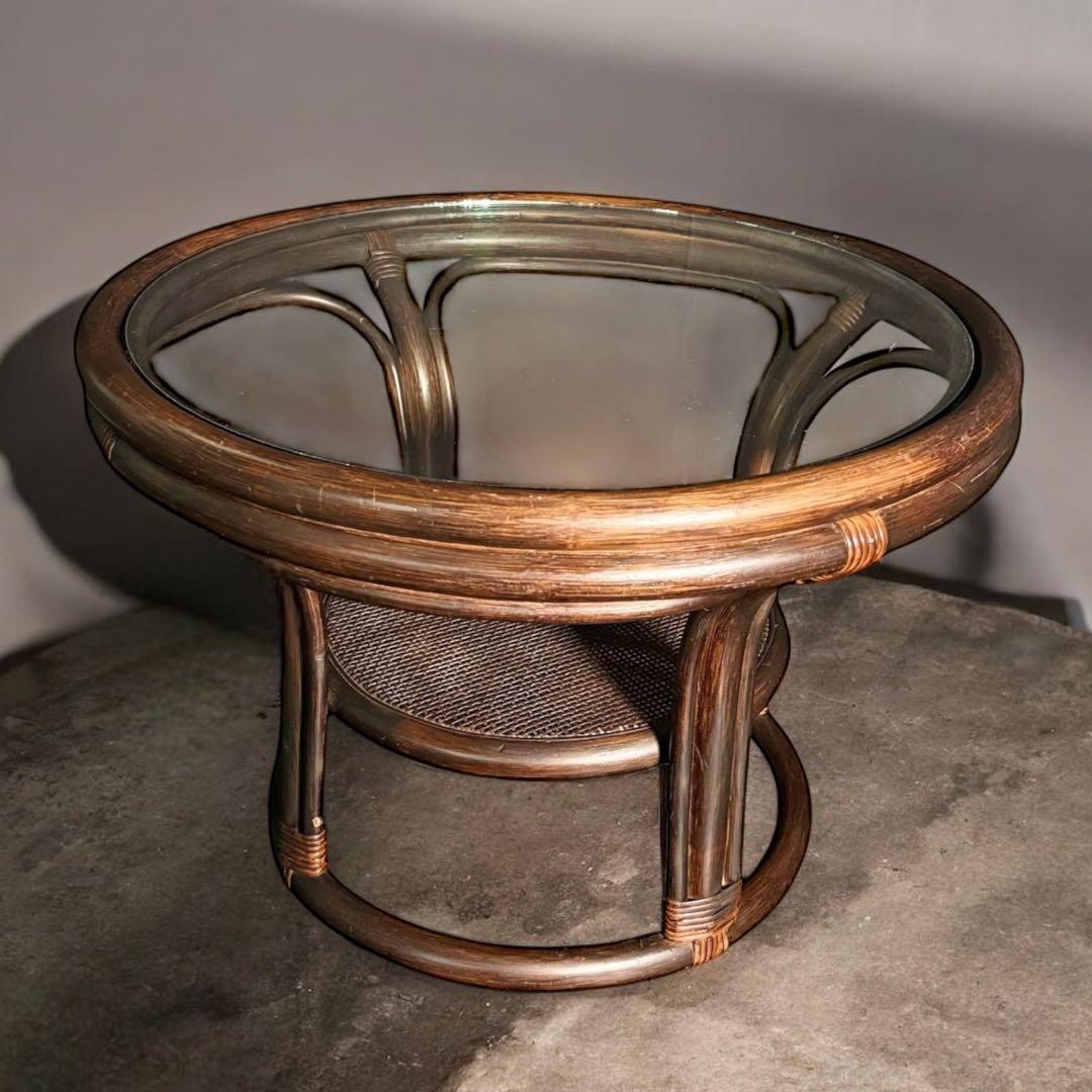 HR779 ラタン　籐　ガラストップテーブル