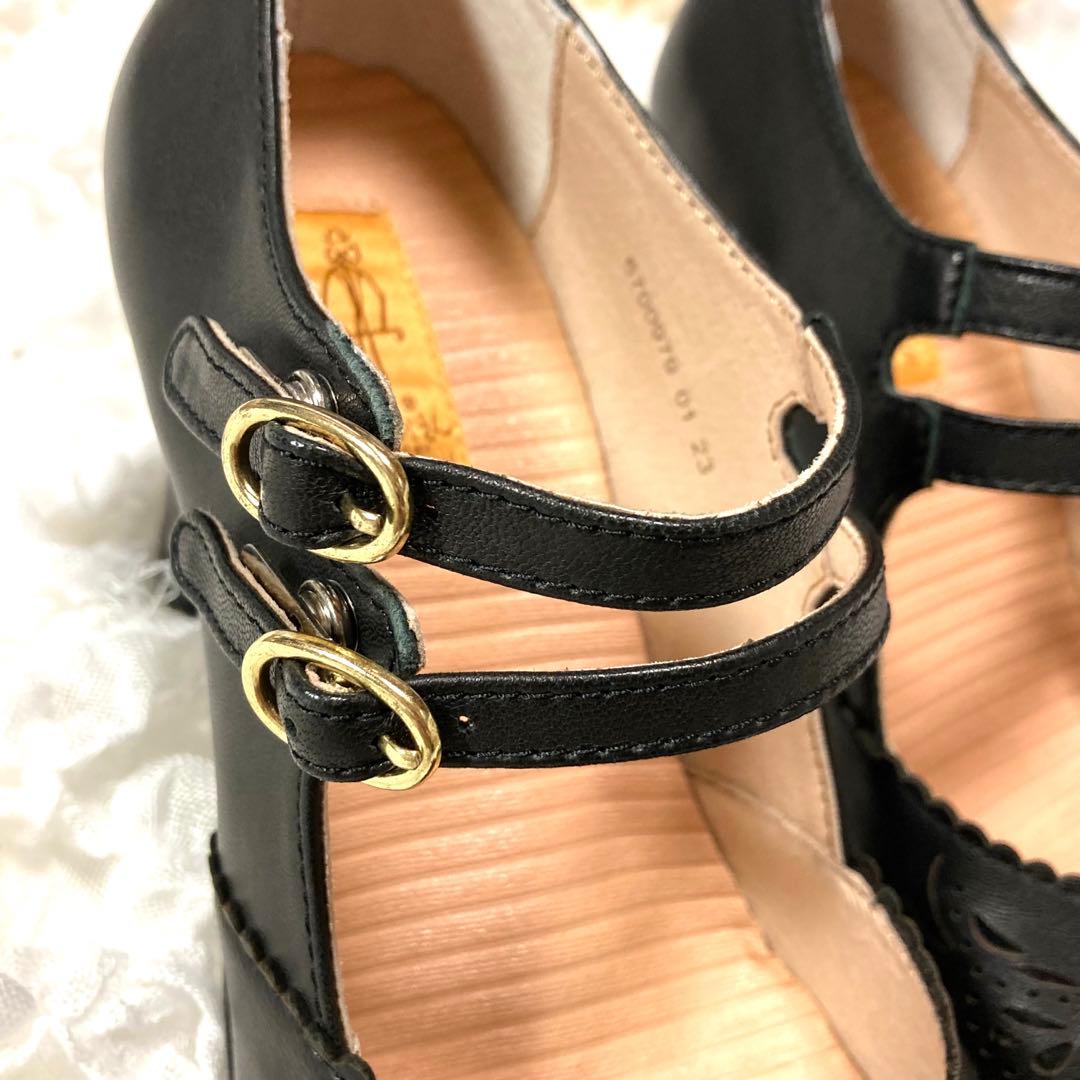 ダブルストラップデザイン　本革　レザー　厚底　パンプス　黒　ブラック　ハイヒール