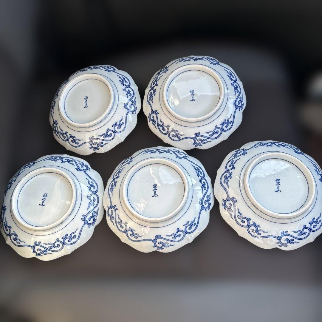 値下げしました　美品　源右衛門　直径17cm 花柄青装飾フラワー型皿5枚セット