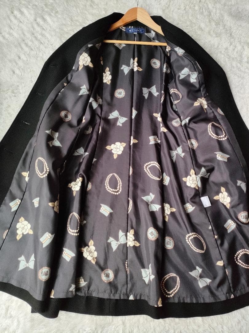 エムズグレイシー フリル ロングコート 総柄裏地 38 M ウール リボン