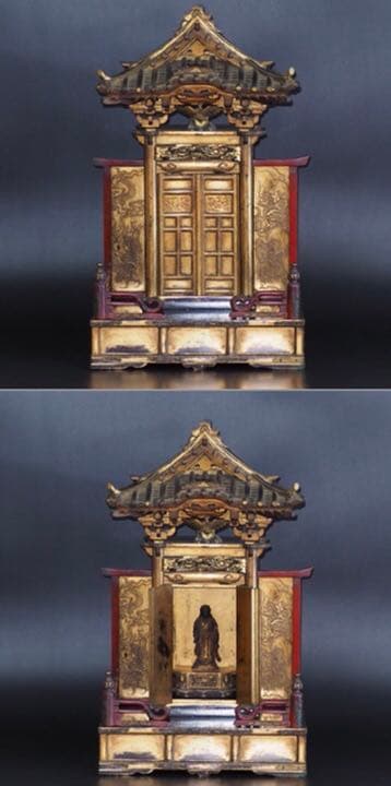 送料無料　江戸期 組み立て式金蒔絵舎利殿＆観音菩薩立像　本物保証厨子高さ50ｃｍ