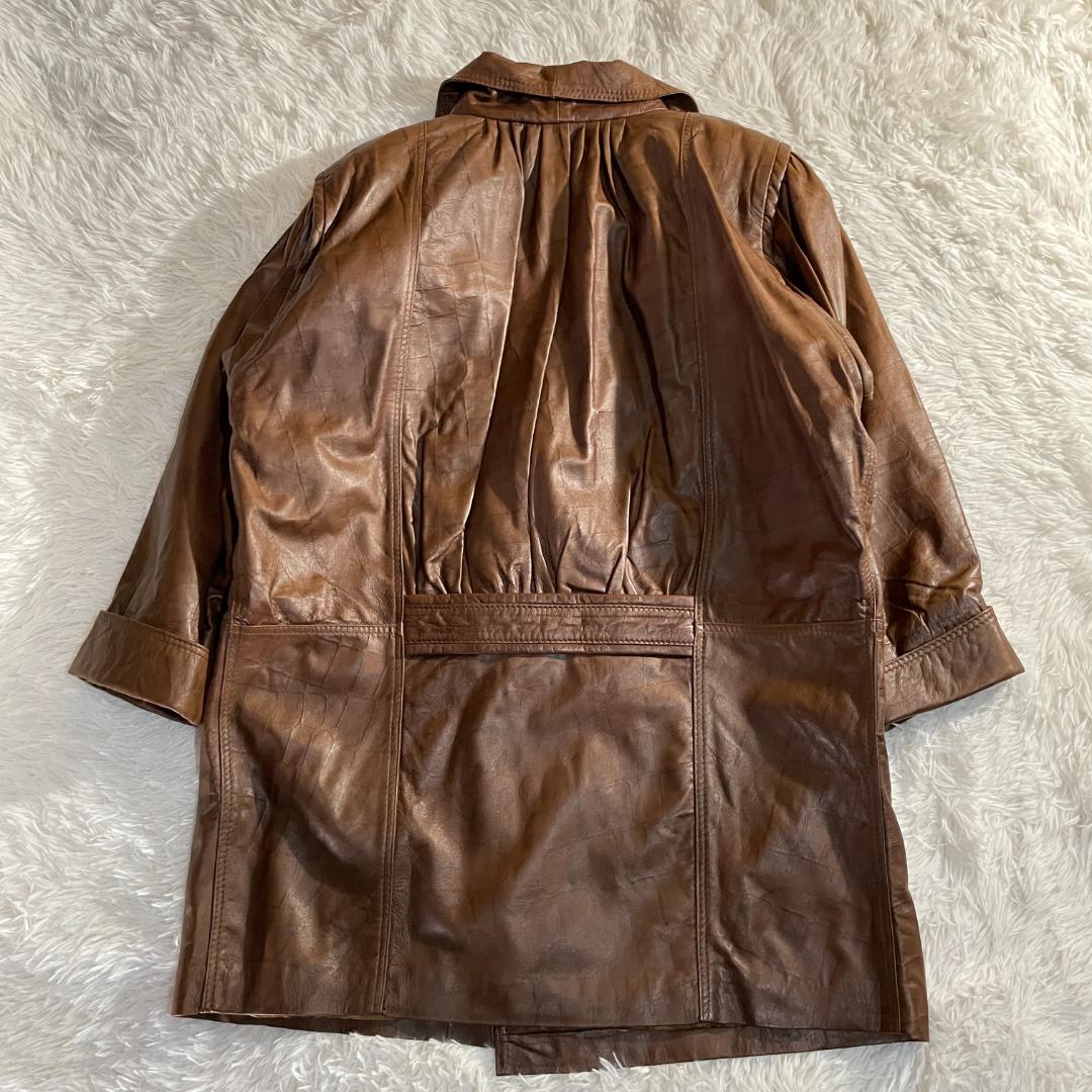 タグ付 80s 伊製 本革 羊 クロコ型押し コート 裏地スカーフ柄 F ダブル