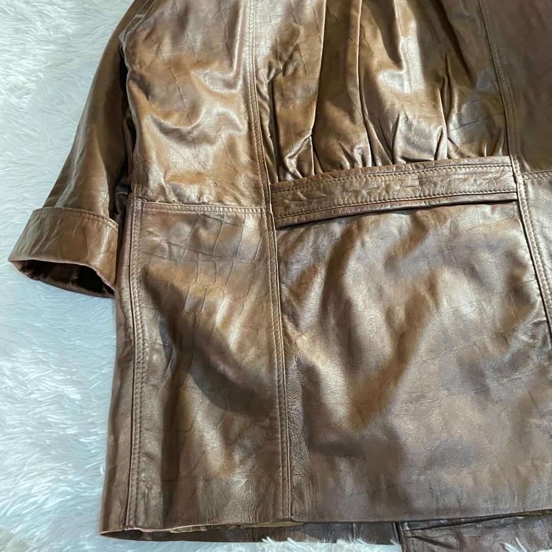 タグ付 80s 伊製 本革 羊 クロコ型押し コート 裏地スカーフ柄 F ダブル