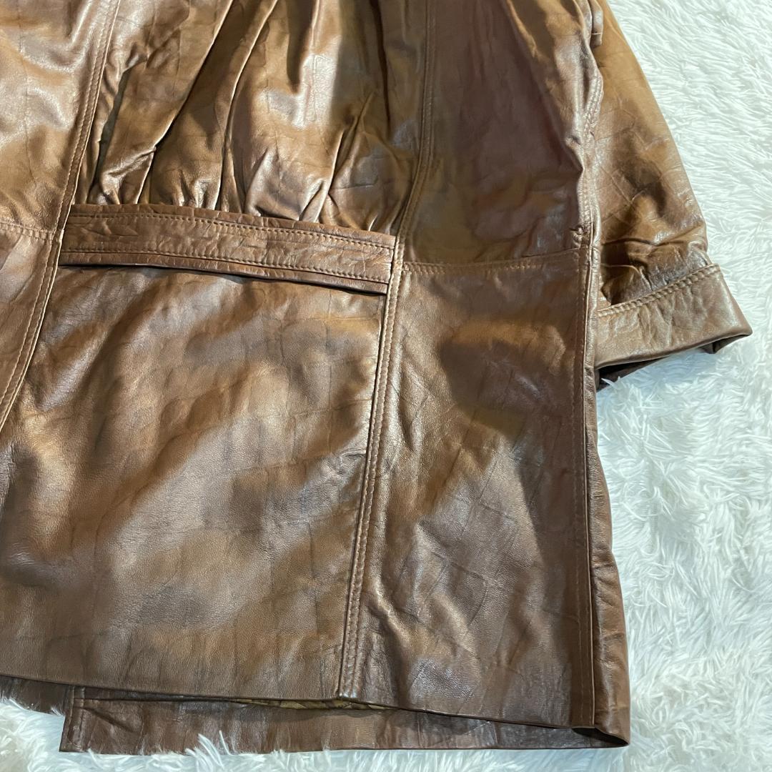 タグ付 80s 伊製 本革 羊 クロコ型押し コート 裏地スカーフ柄 F ダブル