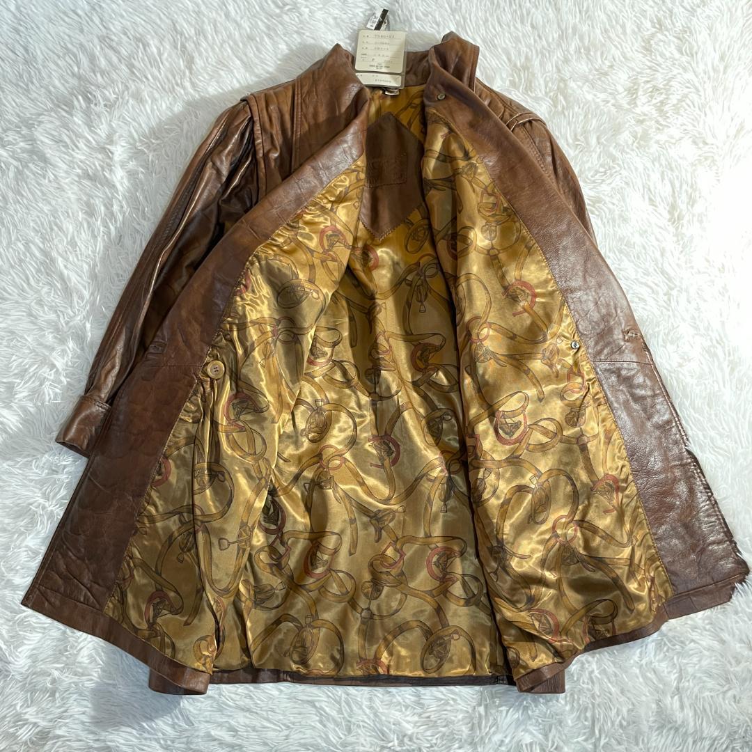 タグ付 80s 伊製 本革 羊 クロコ型押し コート 裏地スカーフ柄 F ダブル