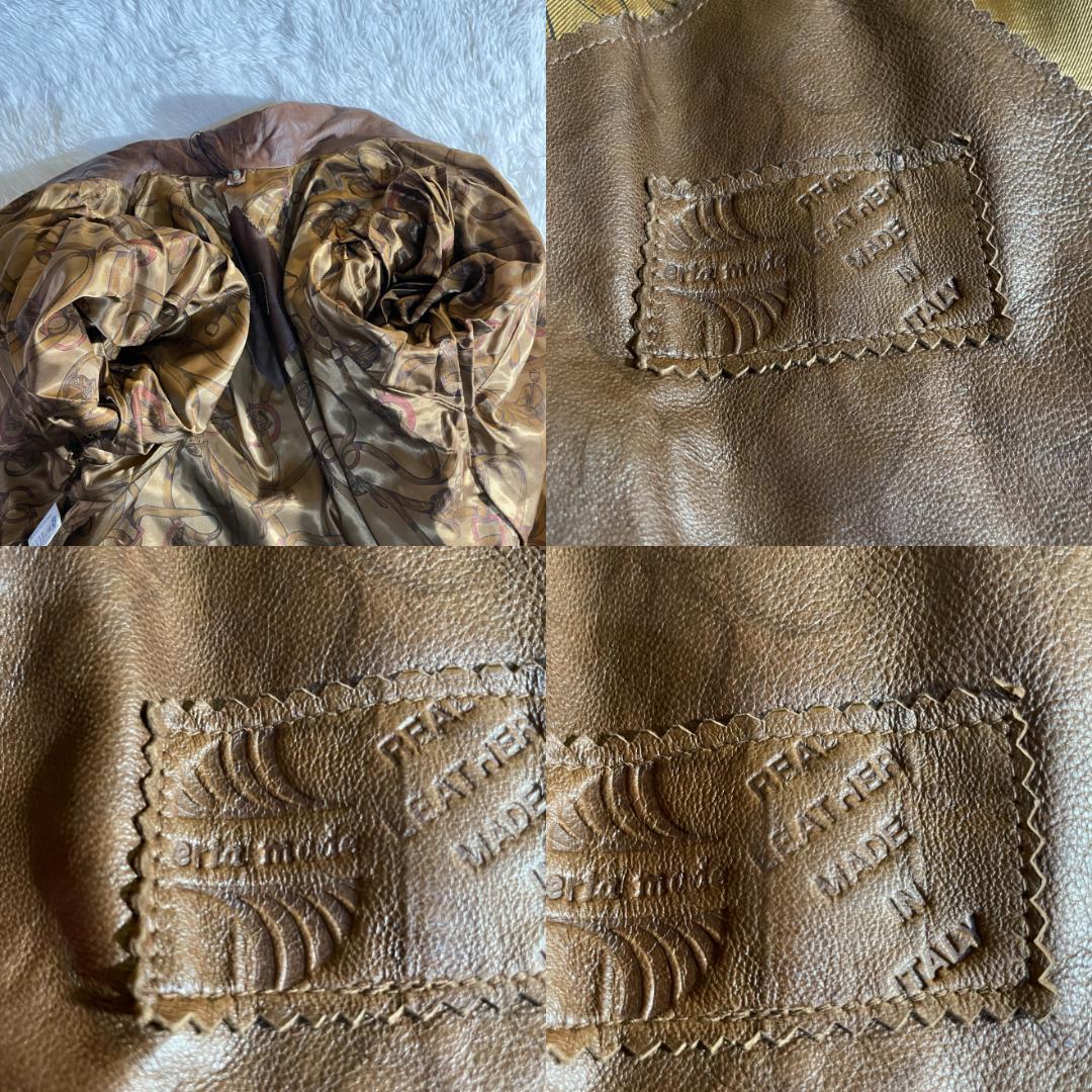 タグ付 80s 伊製 本革 羊 クロコ型押し コート 裏地スカーフ柄 F ダブル