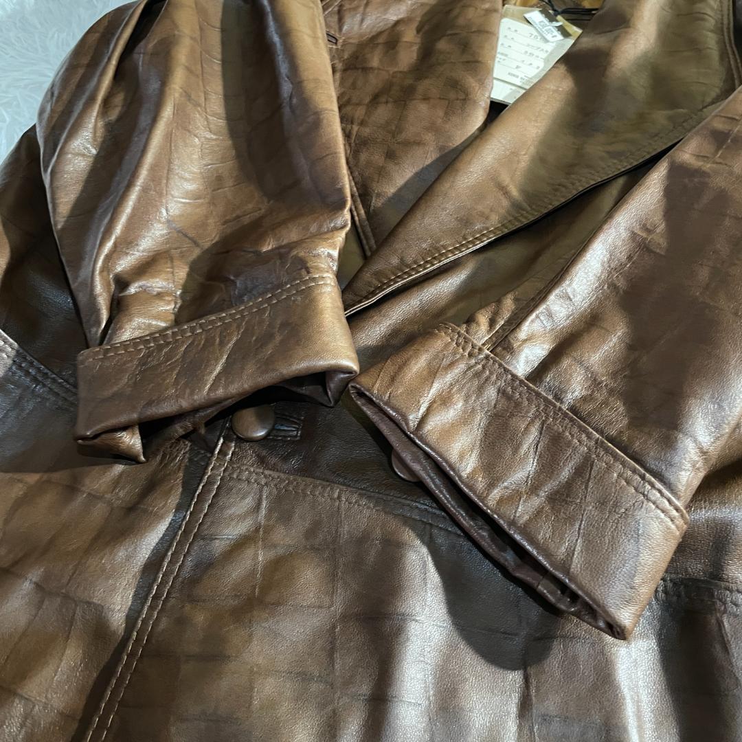 タグ付 80s 伊製 本革 羊 クロコ型押し コート 裏地スカーフ柄 F ダブル