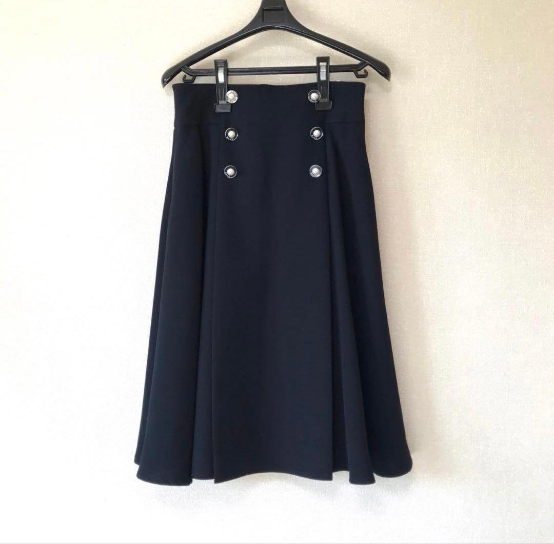 美品✨Rene ひざ丈スカート　ネイビー　パールボタン　36