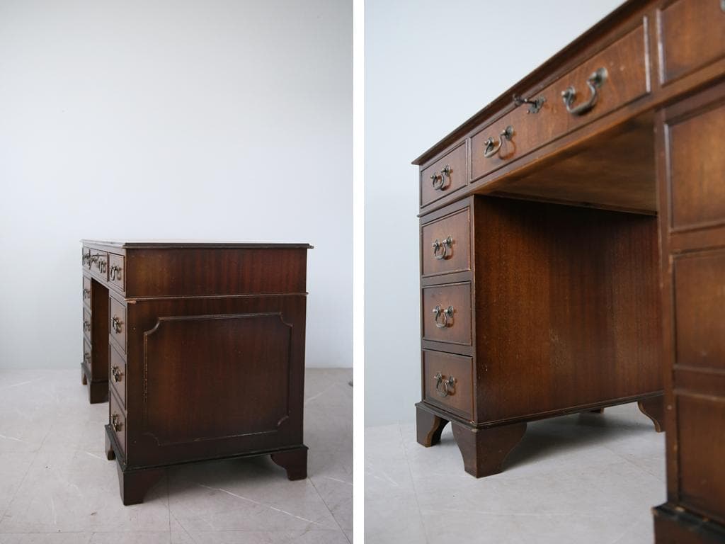 英国アンティーク木製両袖デスク/勉強机テーブル/飾り棚/オフィス事務89-135