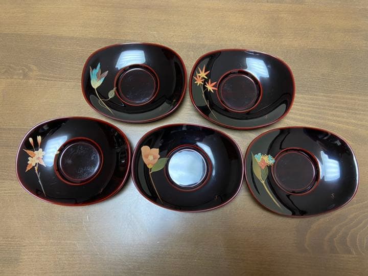 輪島塗　花図替茶托　五客　塗師　静峰作　共箱　M183