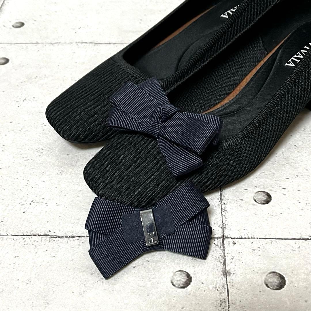 極美品【ヴィヴァイア】スクエアトゥ チャンキーヒール リボン♡ブラック 36.5