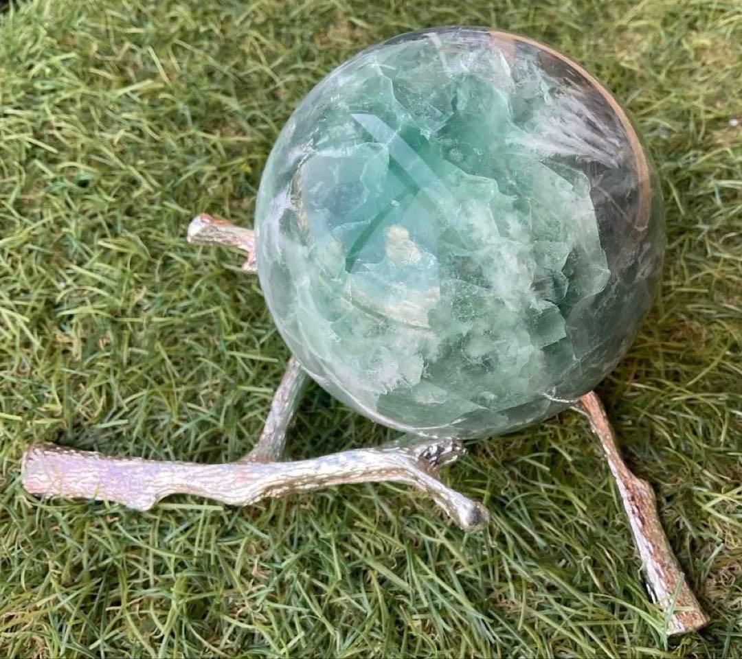 グリーンエンジェルフェザーフローライトスフィア虹入り 約9センチ 1264g