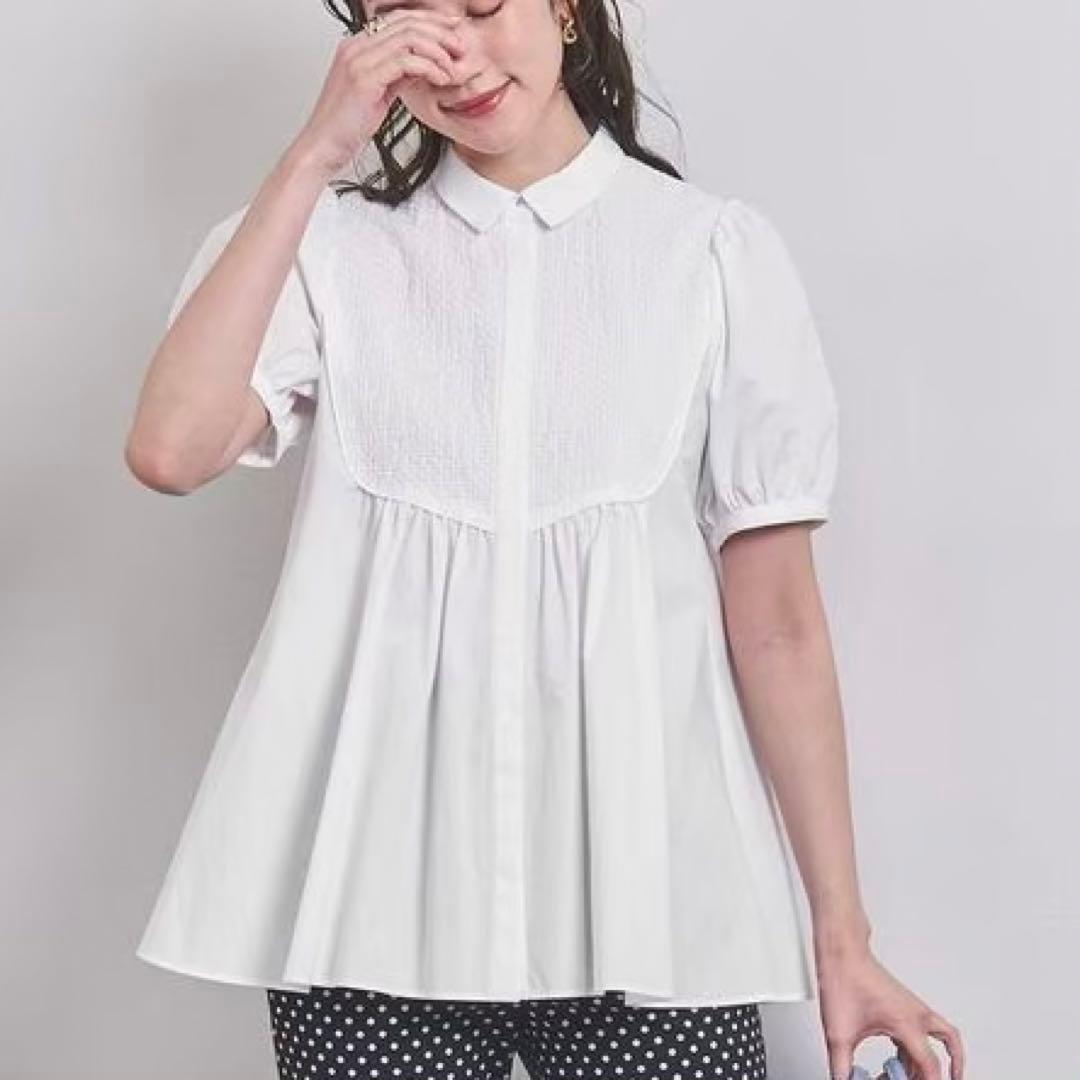 ユナイテッドアローズ　エンブロイダリーコンビショートスリーブブラウス　ホワイト白