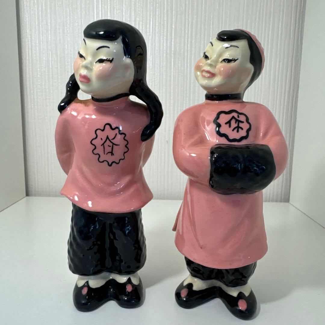 男女の陶器製置物 ピンク　ビンテージ オリエンタル　50s セラミックアーツ