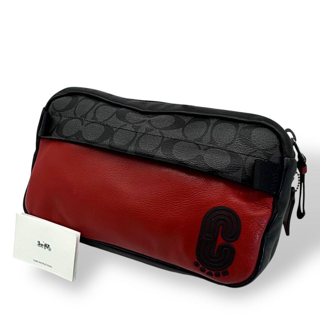【美品】COACH コーチ ボディバッグ PVC メンズ ウエストポーチ 赤黒
