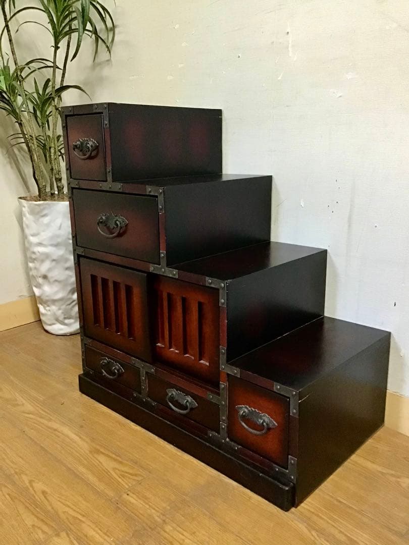 aya3953 ☆222☆民芸家具☆時代箪笥風☆右階段箪笥☆和家具☆鉄金具