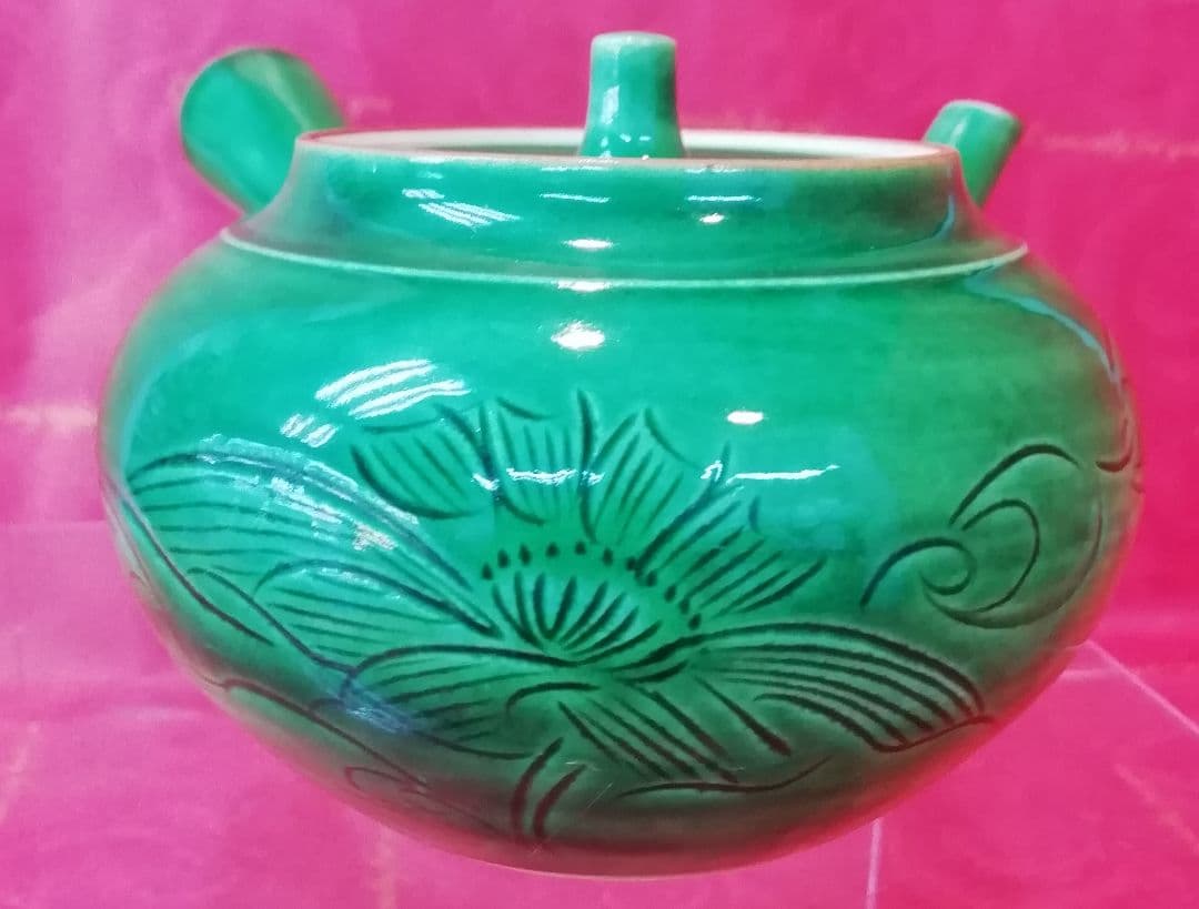 ２割値下げ!!京焼青交趾(あおこうち)？花彫急須　約350㏄170g