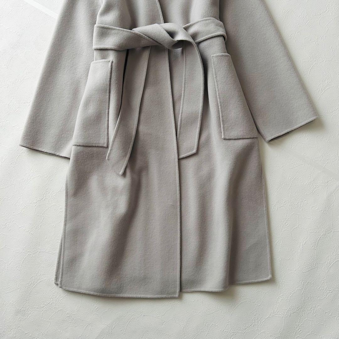 2944Z 美品 ノーク ロングリバーコート ノーカラー ベルト付き 毛 S