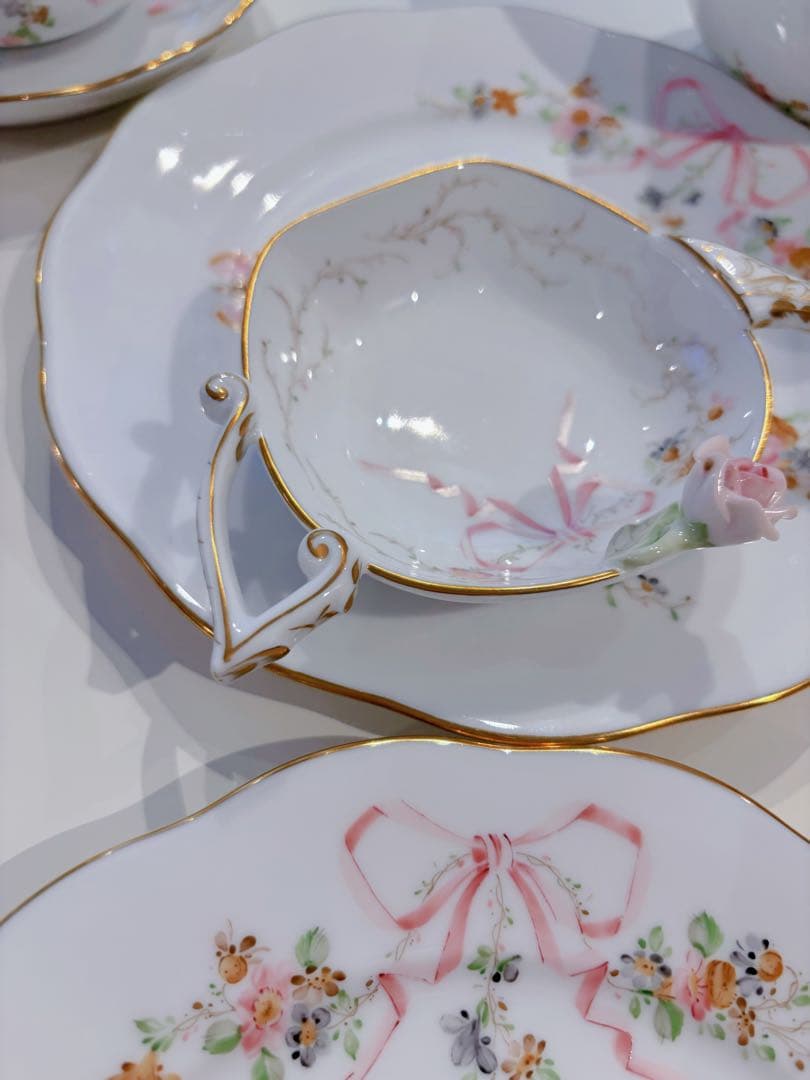 ヘレンド　新品未使用　リボンローズドラジェ　ティーポット型ミニトレー