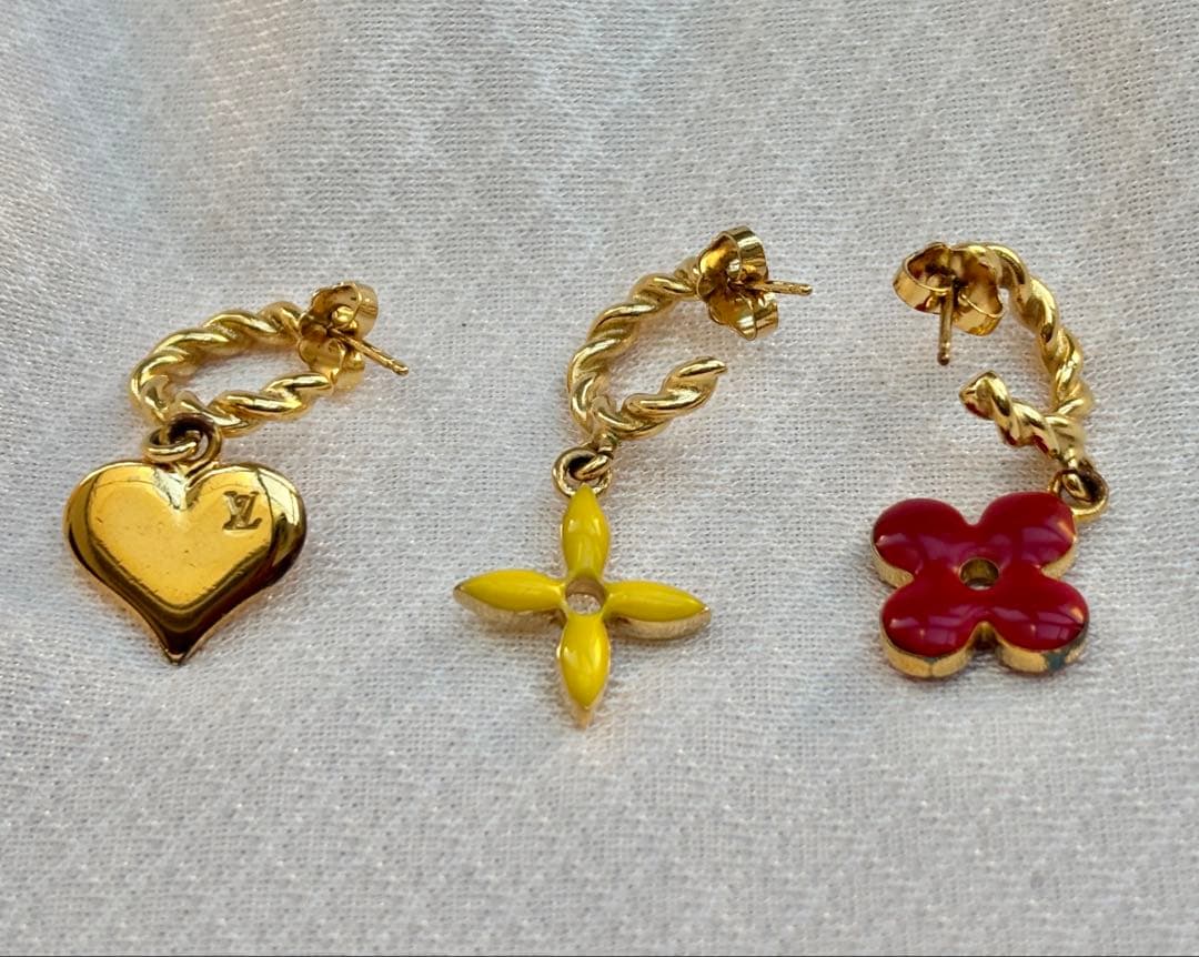 LOUIS VUITTON ブークルドレイユ ピアス 赤 黄 ゴールド 3点