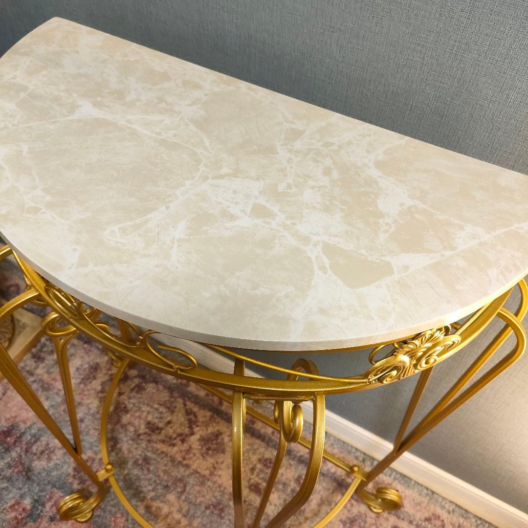 ゴールドアイアン×大理石風天板 コンソールテーブル アンティーク調 半円型