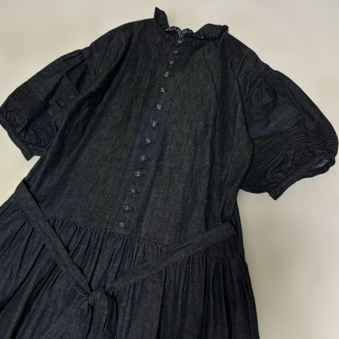 ピンクハウス　デニム　リボン　フリル　ピンタック　ロングワンピース　ブラック