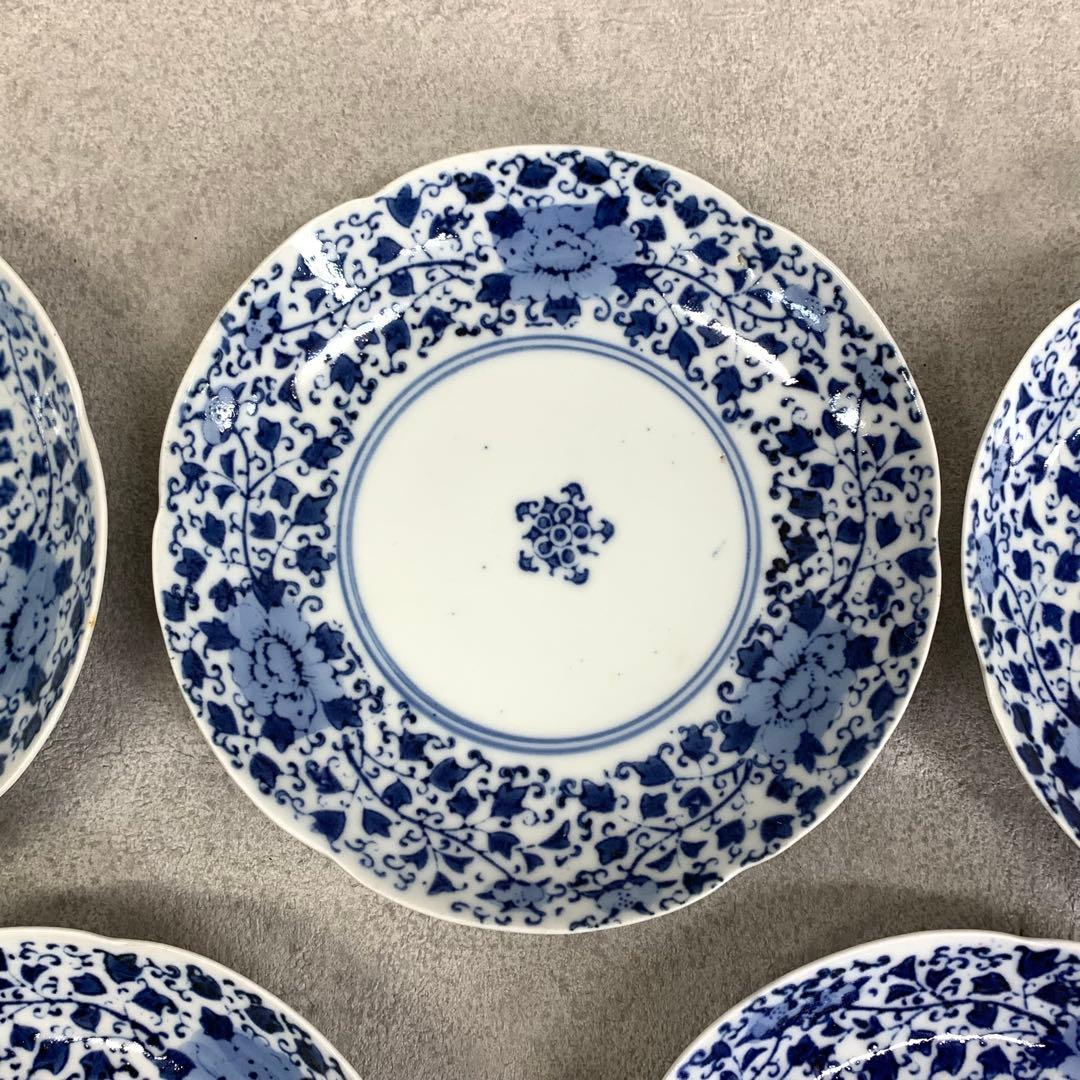 中皿 5点 直径15.3cm 花唐草 染付 藍色 青 古皿 伊万里 有田 ⑨