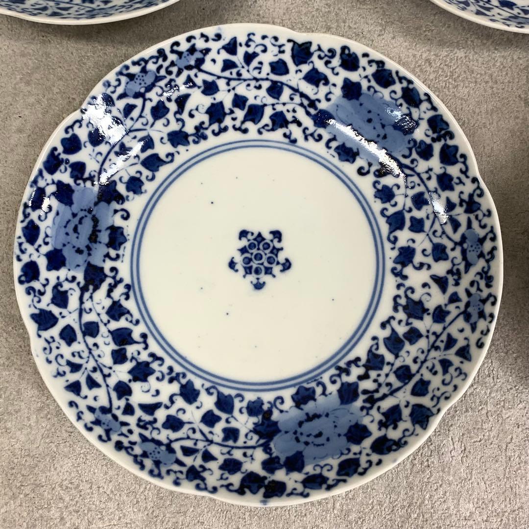 中皿 5点 直径15.3cm 花唐草 染付 藍色 青 古皿 伊万里 有田 ⑨