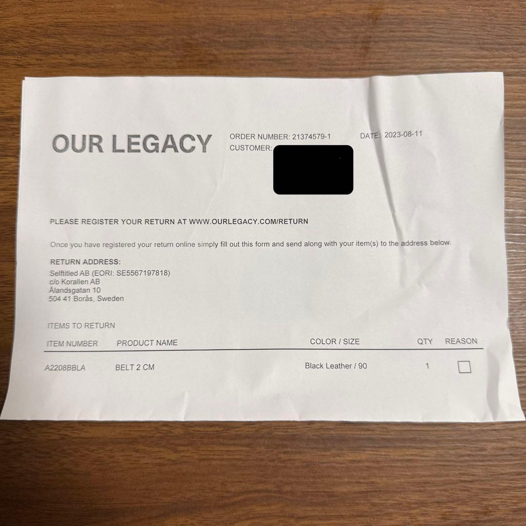 美品 OUR LEGACY 2cmベルト サイズ90 BLACK