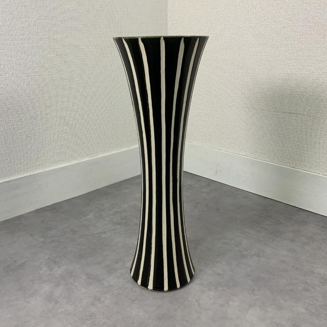 ヴィンテージ 陶器 ベース ストライプ ブラック×ホワイト 花器 花瓶