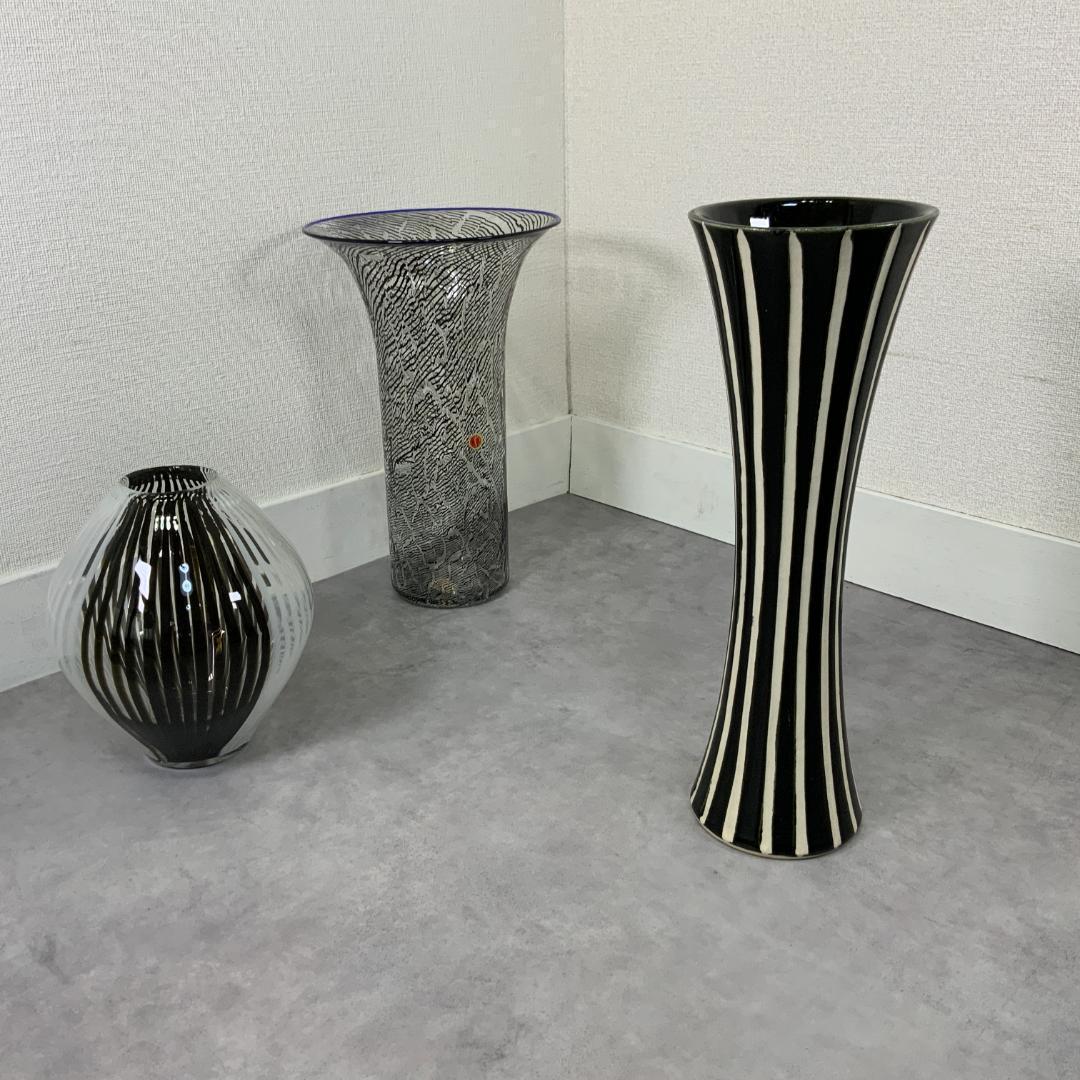 ヴィンテージ 陶器 ベース ストライプ ブラック×ホワイト 花器 花瓶
