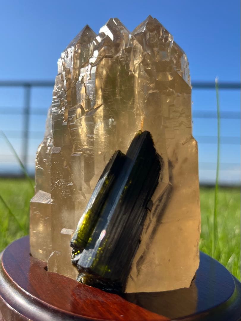 カテドラル シトリン×グリーン トルマリン 原石 天然石 台座付