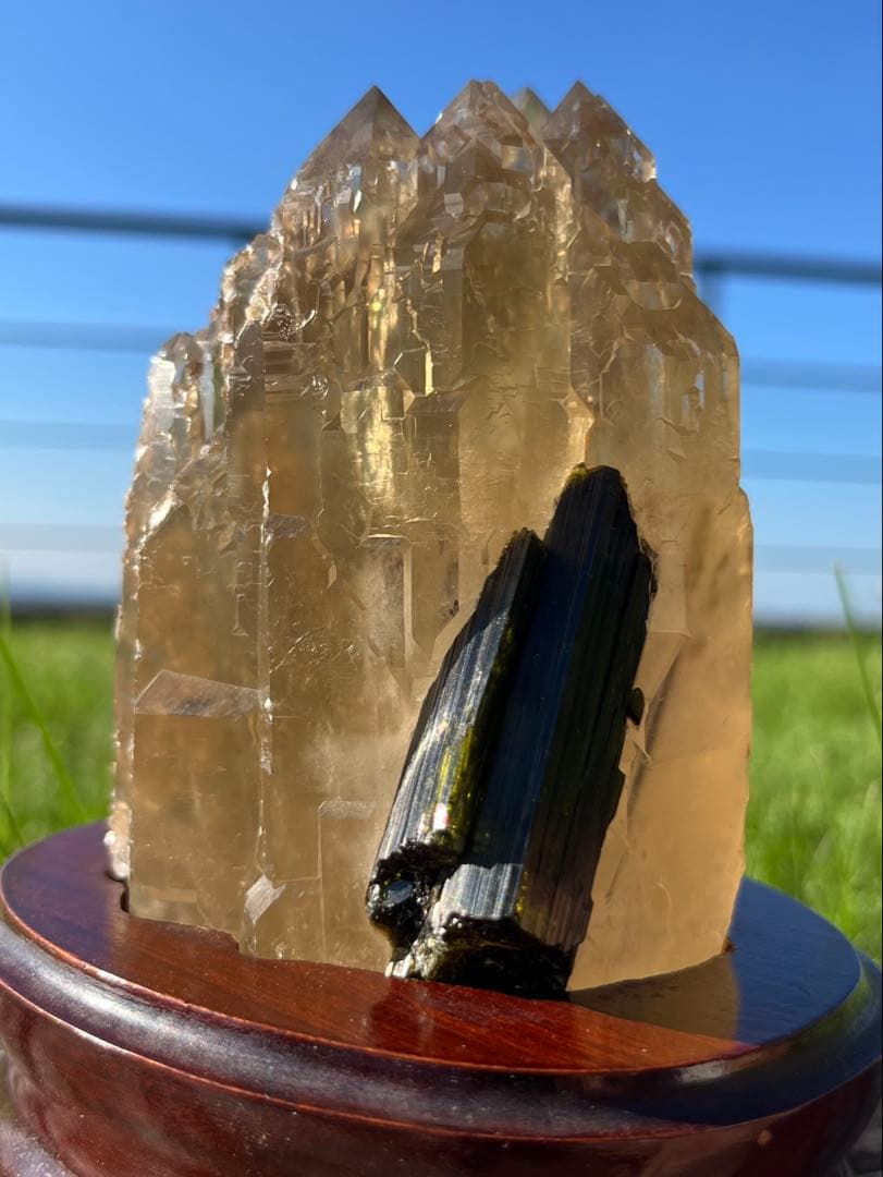 カテドラル シトリン×グリーン トルマリン 原石 天然石 台座付