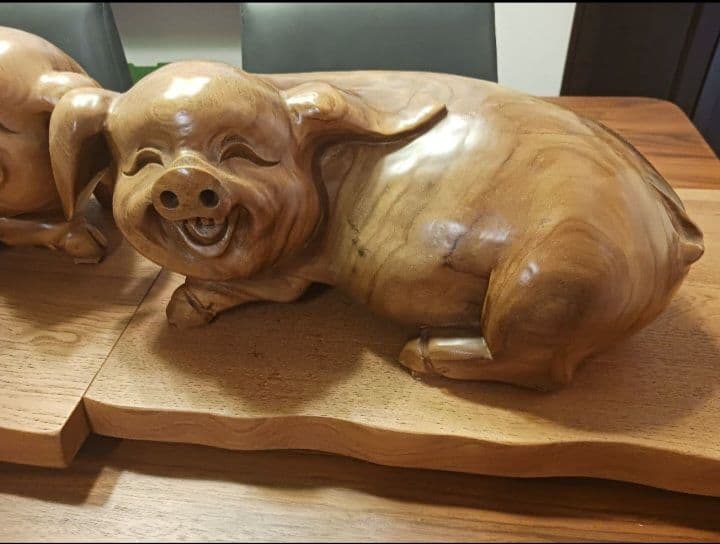 【子宝】【金運】木製 豚の置物 2体セット